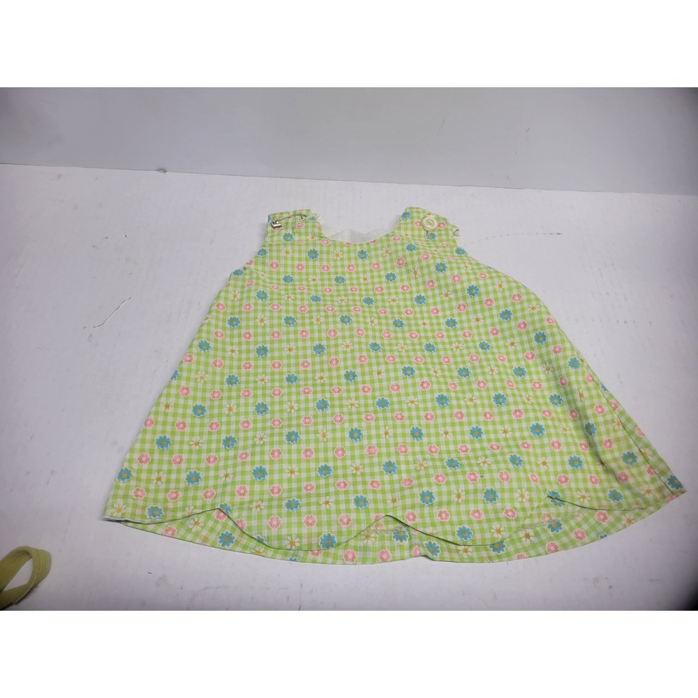 Vintage Handmade Baby Dress Gingham Floral Scalloped Hem Green‎ Pink Blue 12M